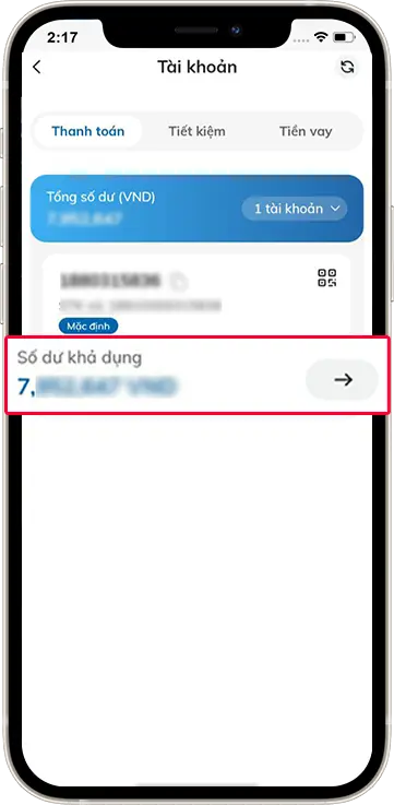 Bước 2 : Ở mục Số dư khả dụng >> Chọn hình Mũi tên